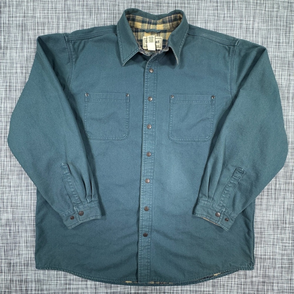 LL Bean Shirt Jacket Mens XL Teal Canvas Plaid Flannel Lined Snap Front Workwear
